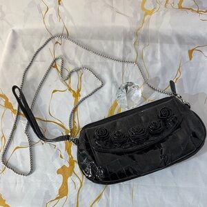 Brighton Black Croc-Embossed Clutch with Rose Accents